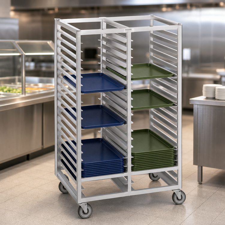 Product image #3 for Channel Double-Section Aluminum Cafeteria Tray Rack with Swivel Casters, 36-Inch High, 10-Tray Capacity