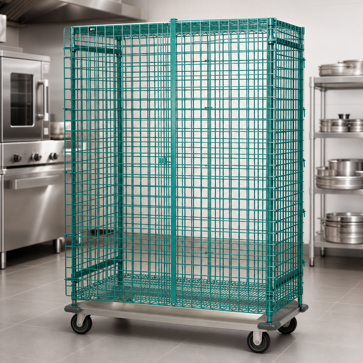 Product image #3 for Quantum Mobile Wire Security Cage with Dolly Base, 60 Inches W x 18 Inches D x 70 Inches H, Green Epoxy-Coated Finish