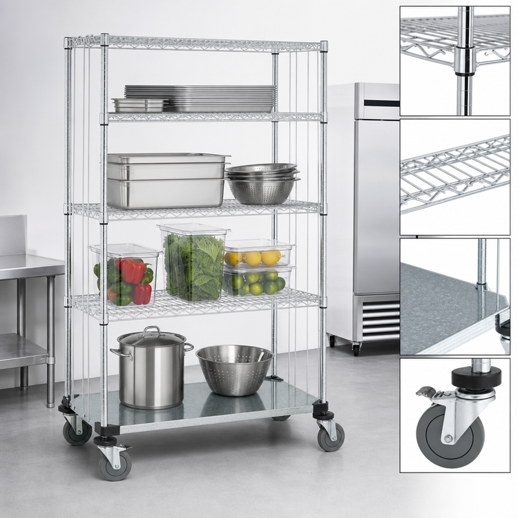 Product image #3 for Quantum Mobile Enclosure Wire Shelving Cart, 4 Shelves, Chrome-Plated Finish, 48 x 18 x 80 Inches