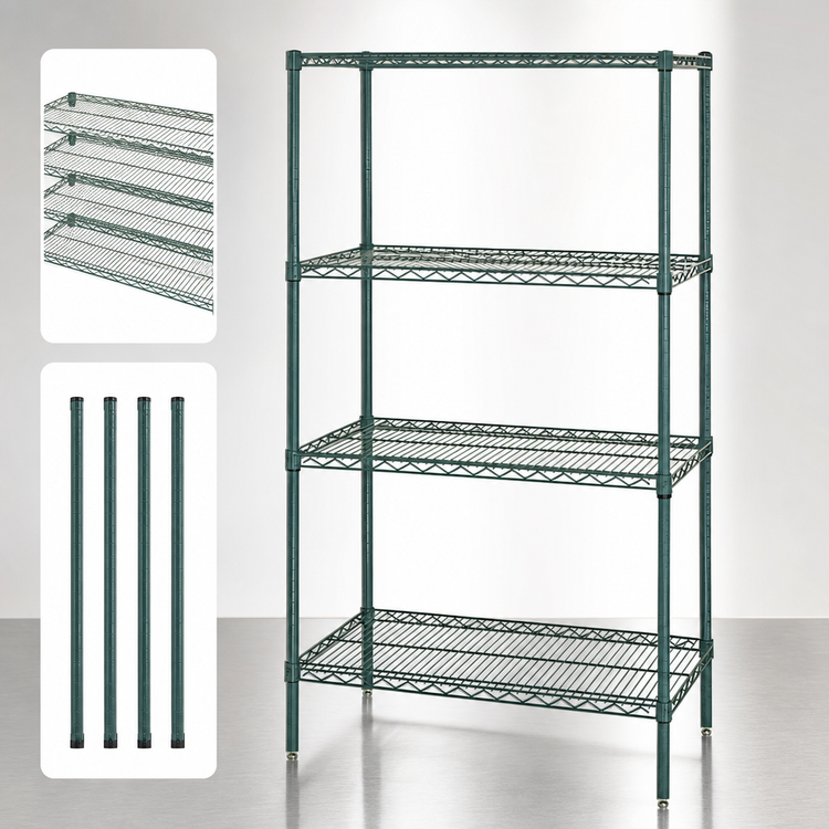 Product image #3 for Quantum 4-Shelf Stationary Wire Shelving Starter Kit, 48"W x 24"D x 74"H, Green Epoxy Finish