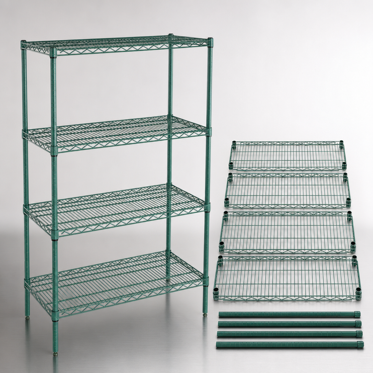 Product image #3 for Quantum Wire Shelving Starter Kit, 72W x 36D x 86H, 4-Shelf, Green Epoxy Antimicrobial Finish