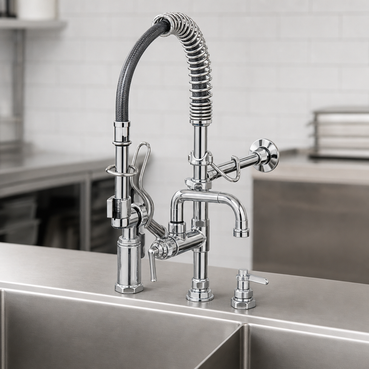Product image #3 for T&S Brass Mini Pre-Rinse Deck Mount Mixing Faucet with 8" Swing Nozzle and Low-Flow Spray Valve