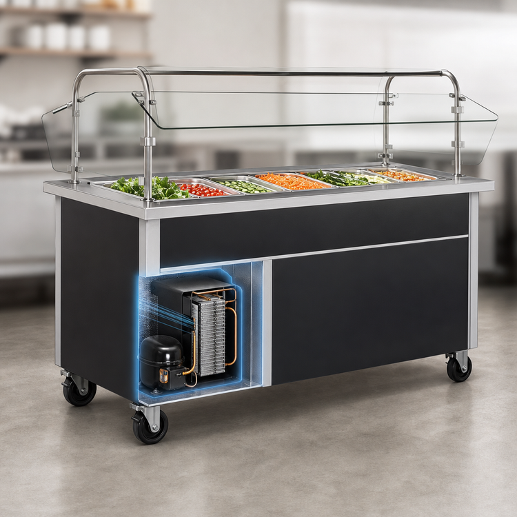 Product image #3 for Randell Custom & Serving Mobile Self-Contained Refrigerated Cold Food Table, 86 W x 30 D, 6-Pan Capacity for 12 x 20 Pans