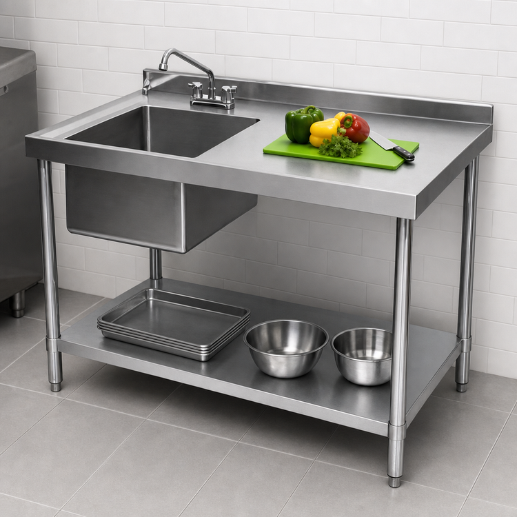 Product image #3 for Klinger's Trading Stainless Steel Work Table With Left Prep Sink, Marine Edge, Backsplash and Undershelf, 84 x 24 Inches