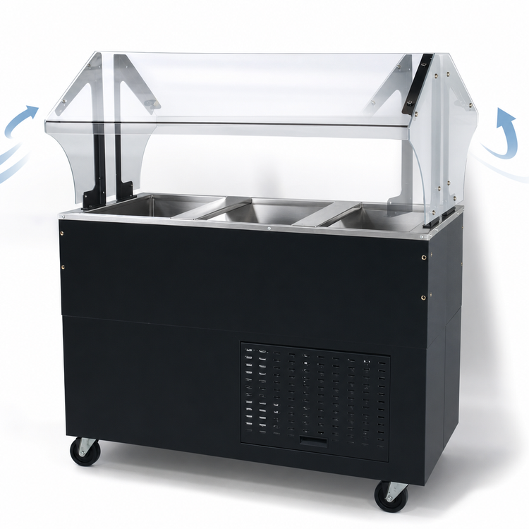 Product image #3 for Advance Tabco Mobile 3-Pan Serving Counter with Mechanically Assisted Cold Pan, Double-Sided Sneeze Guard, Stainless Steel Top, Black Vinyl Clad Exterior