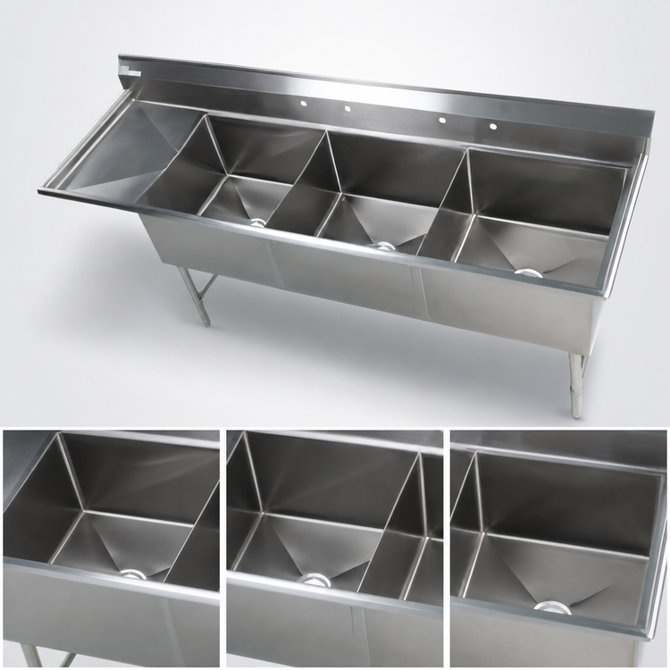 Product image #3 for Klinger's Trading Elite Three-Compartment Commercial Sink with Left Drainboard, 92-1/2 Inch Wide, 16/304 Stainless Steel