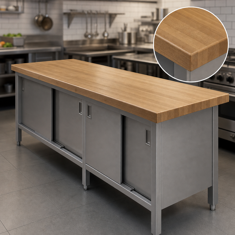 Product image #3 for John Boos Enclosed Base Wood Top Work Table with Sliding Doors, 96 x 30 Inches