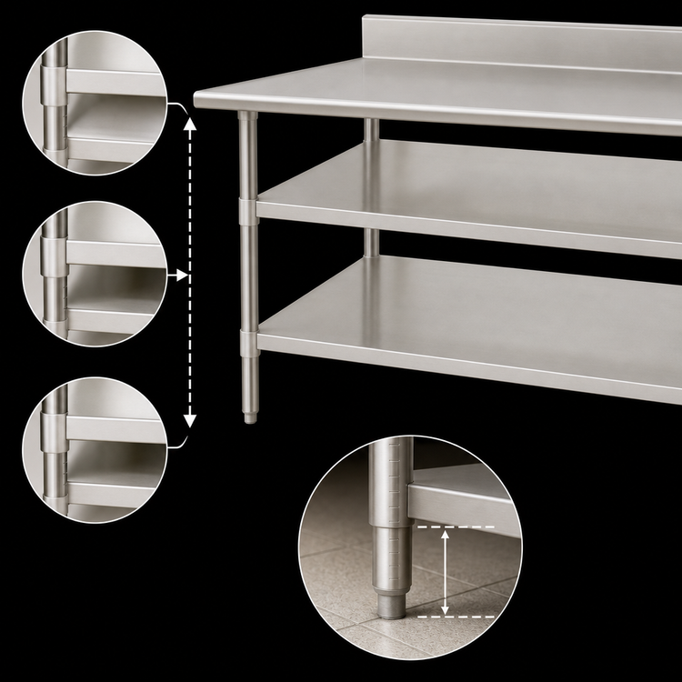Product image #3 for Eagle Group 132-Inch x 30-Inch Adjustable Work Table Undershelf for Uni-Lok Hat Channel Frames, 18/304 Stainless Steel