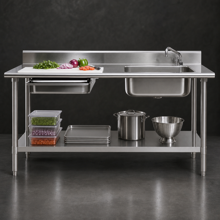 Product image #3 for Eagle Group Spec-Master Stainless Steel Prep Table With Right-Side Sink, Left-Side Drawer, Cutting Board, and Undershelf, 96-Inch W x 30-Inch D