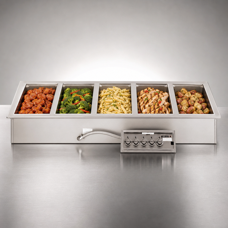 Product image #3 for Wells Five-Well Top-Mount Drop-In Electric Food Warmer with Drains and Infinite Controls
