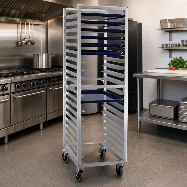 Product image #3 for New Age Full-Height Mobile Aluminum Bun Pan Rack, End Loading, 20-Pan Capacity