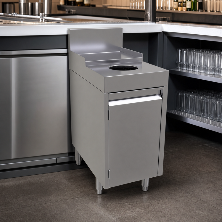 Product image #3 for Glastender Free-Standing Stainless Steel Underbar Dry Waste Unit with Hinged Door, 14 x 24 Inches