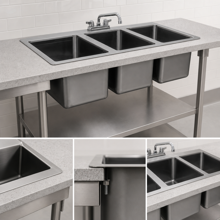 Product image #3 for Serv-Ware 55-Inch 3-Compartment Drop-In Stainless Steel Sink with Faucet and Basket Strainer