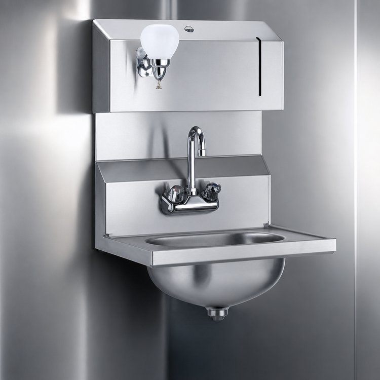Product image #3 for Eagle Group Wall-Mount Hand Sink with Towel and Soap Dispensers, Splash-Mounted Gooseneck Faucet, Basket Drain, and 13-1/2" x 9-3/4" Bowl