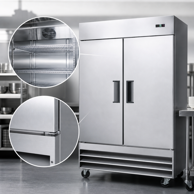 Product image #3 for Omcan USA 54-Inch Two-Section Reach-In Solid Door Refrigerator, 47 Cu. Ft., Bottom-Mount Self-Contained, Stainless Steel