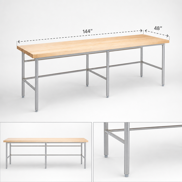 Product image #3 for John Boos Welded Baker's Table Frame for 144 x 48 Inch Top, Stainless Steel Legs and Bullet Feet