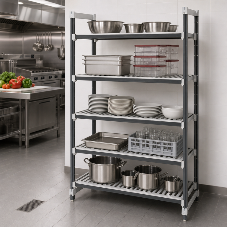 Product image #3 for Cambro Camshelving Elements XTRA 5-Tier Stationary Starter Unit, 21 x 24 x 64 Inches, Vented Polymer Shelving, Speckled Gray