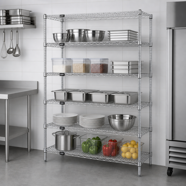 Product image #3 for Quantum Stationary Wire Shelving Starter Kit, 72 x 12 x 54 Inches, 5 Shelves, Chrome Plated