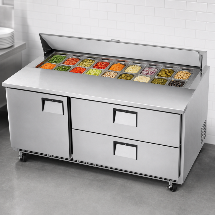 Product image #3 for Everest Refrigeration Two-Section Sandwich Prep Table with 1 Door, 2 Drawers, 18-Pan Top, 71-1/8-Inch Wide