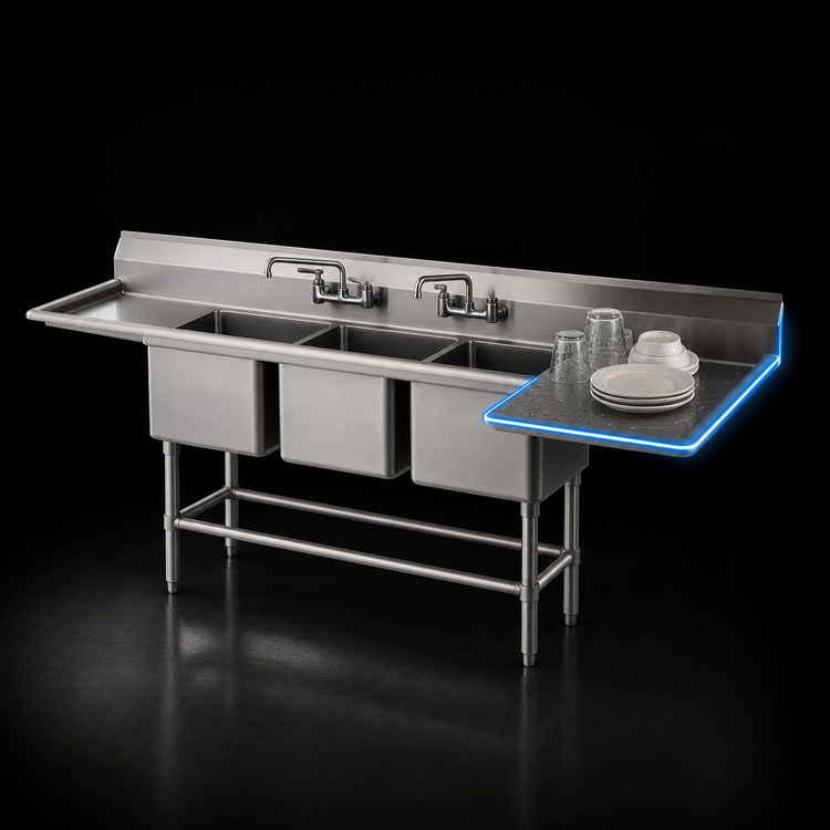 Product image #3 for Eagle Spec-Master FN Series Coved Corner Three-Compartment Sink with Right-Hand 18-Inch Drainboard, 73-1/2 Inch W