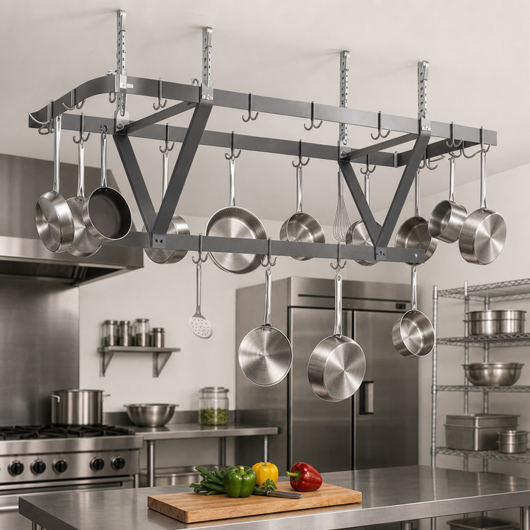 Product image #3 for Eagle Group Ceiling-Mounted Triple-Bar Aluminum Pot Rack with 18 Hooks, 64 x 20 x 18 Inches