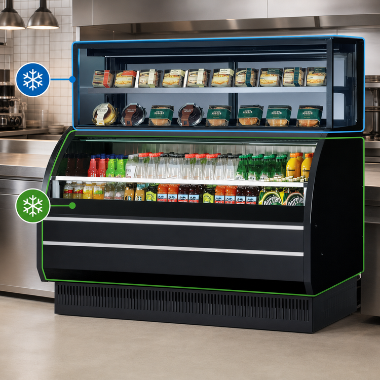 Product image #3 for Turbo Air Open Display Merchandiser Combination Case with Refrigerated Top Shelf, 62-5/8 Inch Wide, Self-Contained, R-290, Black
