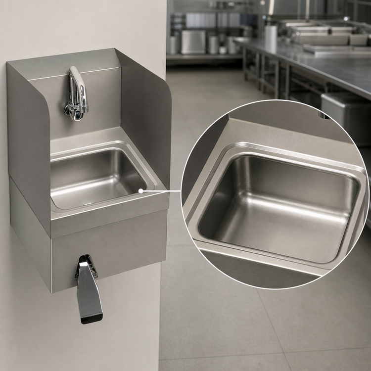 Product image #3 for Advance Tabco 7-PS-58 Skirted Wall Mounted Stainless Steel Hand Sink, 9 x 9 x 5 Bowl, with Knee Valve and Side Splashes