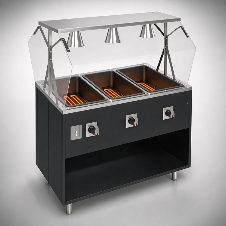 Product image #3 for 2-Series Affordable Portable 3-Well Mobile Hot Food Station with Open Storage Base and Buffet Breath Guard, 120V