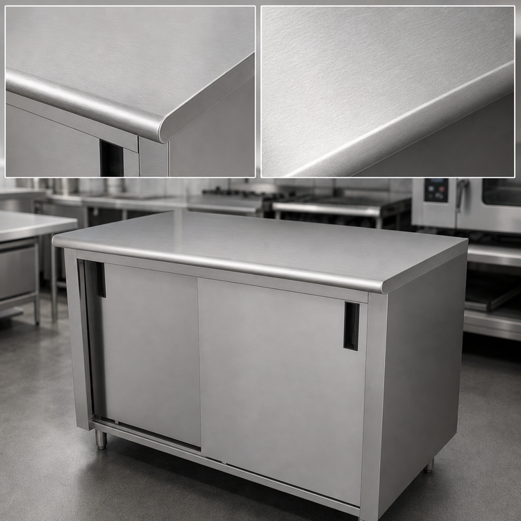 Product image #3 for Advance Tabco Special Value Series Enclosed Work Table with Cabinet Base, Mid-Shelf and Sliding Doors, 108 x 24 Inches, 16 Gauge 304 Stainless Steel Top