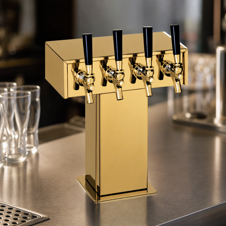 Product image #3 for Perlick 4-Faucet Countertop Glycol-Cooled Tee Draft Beer Tower, Standard Base, Tarnish-Free Brass