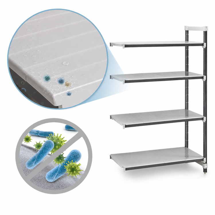 Product image #3 for Cambro Camshelving Elements XTRA 4-Shelf Solid Stationary Add-On Polymer Shelving Unit, 21" D x 30" L x 64" H, Speckled Gray