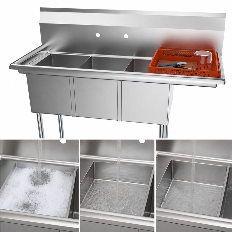 Product image #3 for KoolMore 51-Inch 3-Compartment Stainless Steel Sink with Right Drainboard and Backsplash