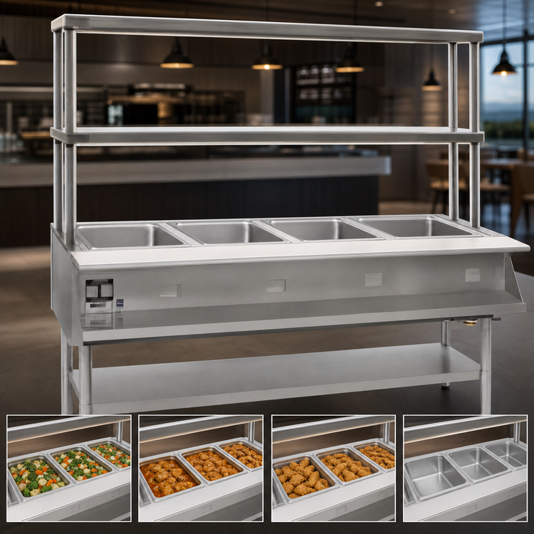 Product image #3 for Eagle Group 63-1/2-Inch Electric Hot Food Table with 4 Wet/Dry Sealed Wells and Double-Tier Flex-Master Overshelves