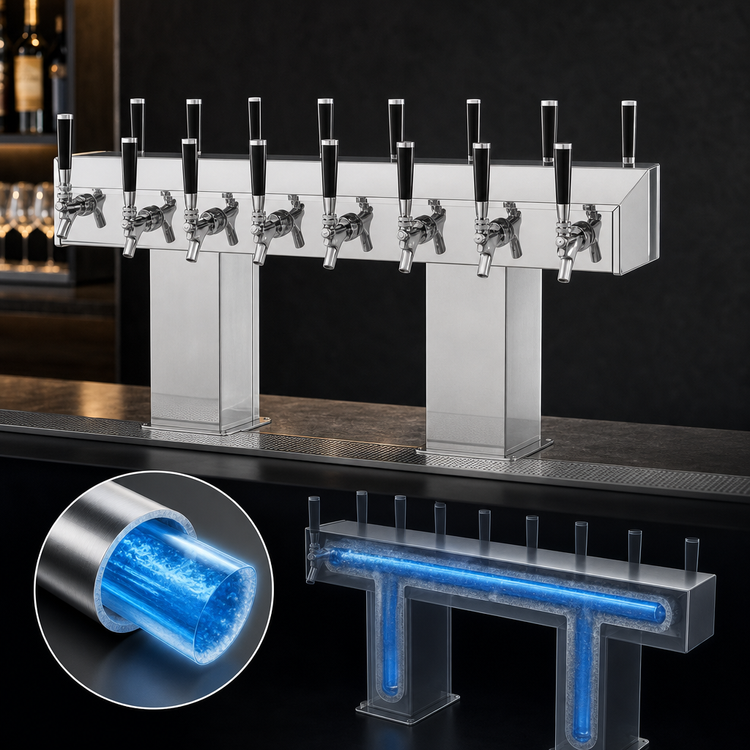 Product image #3 for Perlick 24-Faucet Extra High Countertop Glycol-Cooled Bridge Tee Draft Beer Tower, Polished Chrome