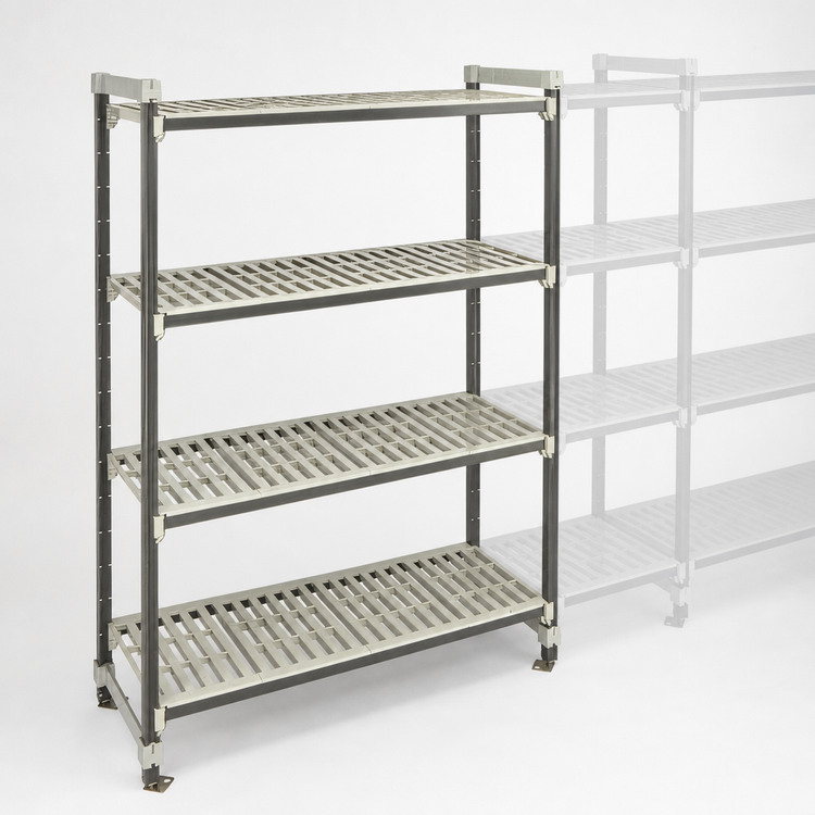 Product image #3 for Cambro Camshelving Elements XTRA High Density Top Rail Stationary Starter Unit, 4-Shelf Vented, 18"D x 48"L x 81"H, Speckled Gray