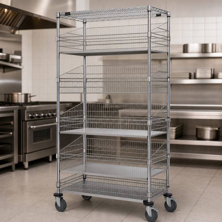 Product image #3 for Quantum Commercial Post Basket Cart with 1 Wire Shelf, 1 Solid Shelf and 5 Baskets, 1200 lb. Capacity, 48 x 24 x 80 Inches, Chrome Plated