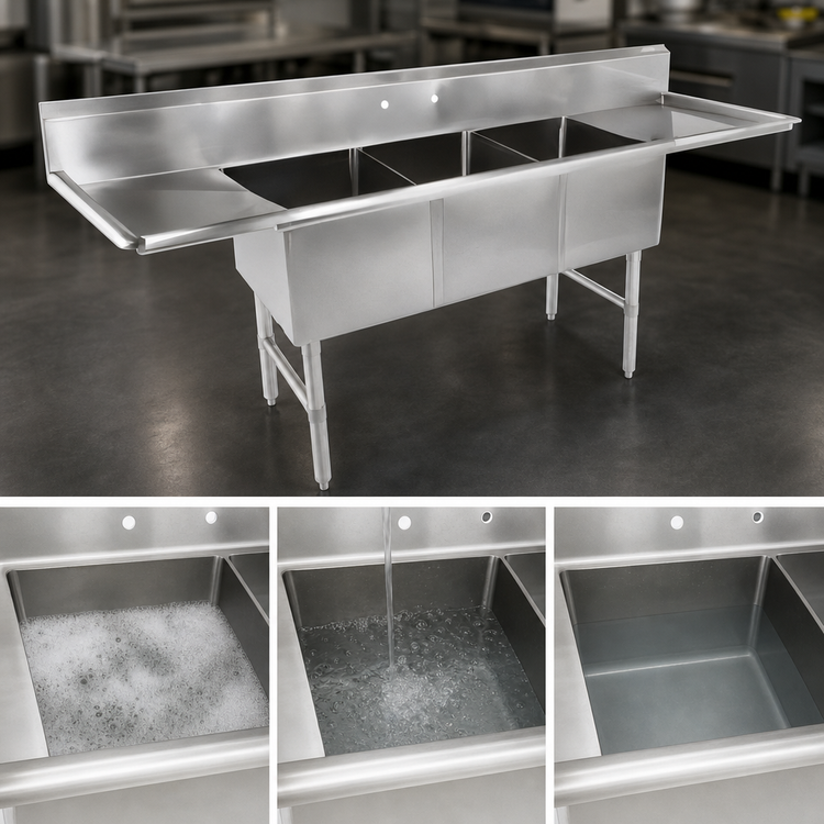 Product image #3 for John Boos B Series 3-Compartment Stainless Steel Sink with Left and Right Drainboards, 103-1/4 Inch Wide