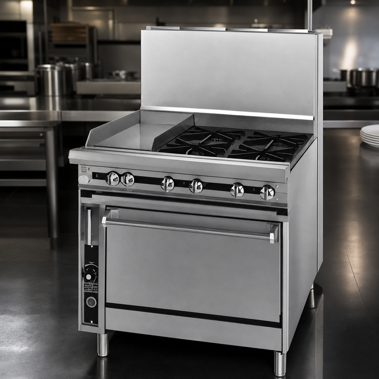 Product image #3 for Titan JTRH-12G-4-36 36" Heavy Duty Gas Restaurant Range with 4 Open Burners, 12" Griddle, and Standard Oven