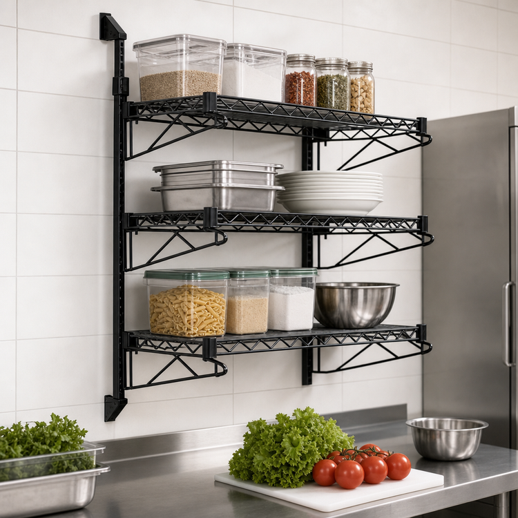 Product image #3 for Quantum Wall-Mounted Cantilever Starter Shelving Unit with 3 Wire Shelves, 54-Inch Posts, Black Epoxy Antimicrobial Finish