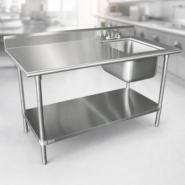 Product image #3 for Advance Tabco 48 Inch 304 Stainless Steel Sink Work Table With Right Bowl, 5 Inch Backsplash, and Undershelf