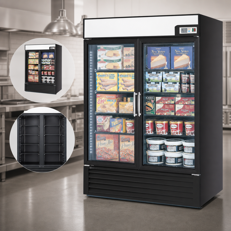 Product image #3 for Turbo Air Two-Section Swing Door Glass Door Merchandiser Freezer, 39.88 Cu. Ft., Bottom-Mount, Black, 115V