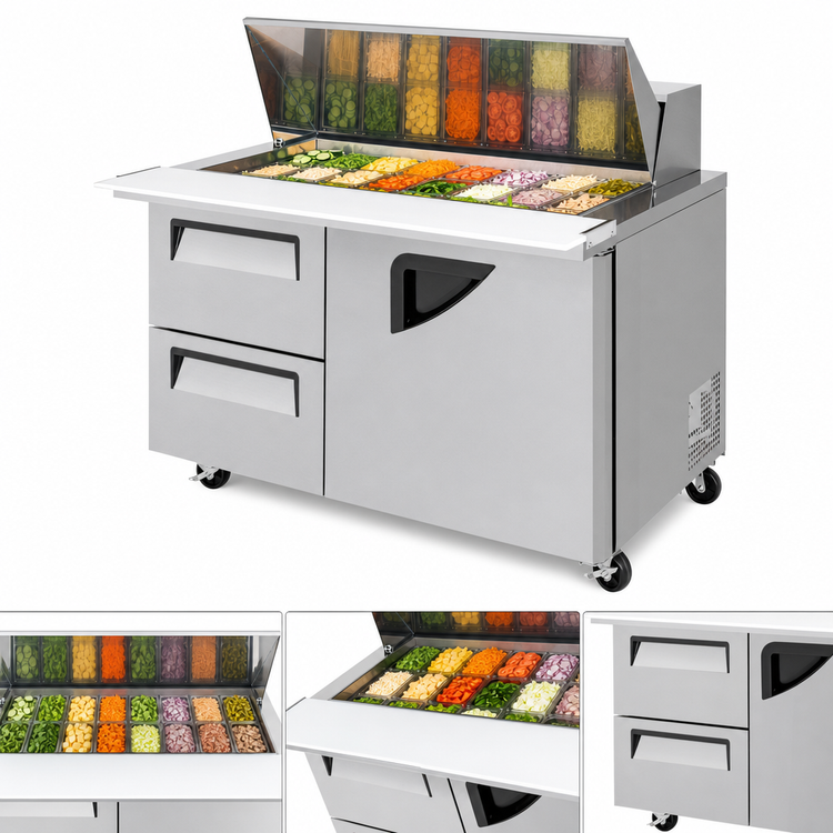 Product image #3 for Turbo Air Super Deluxe Two-Section Sandwich/Salad Mega Top Prep Table with 18-Pan Opening, 2 Drawers and 1 Door