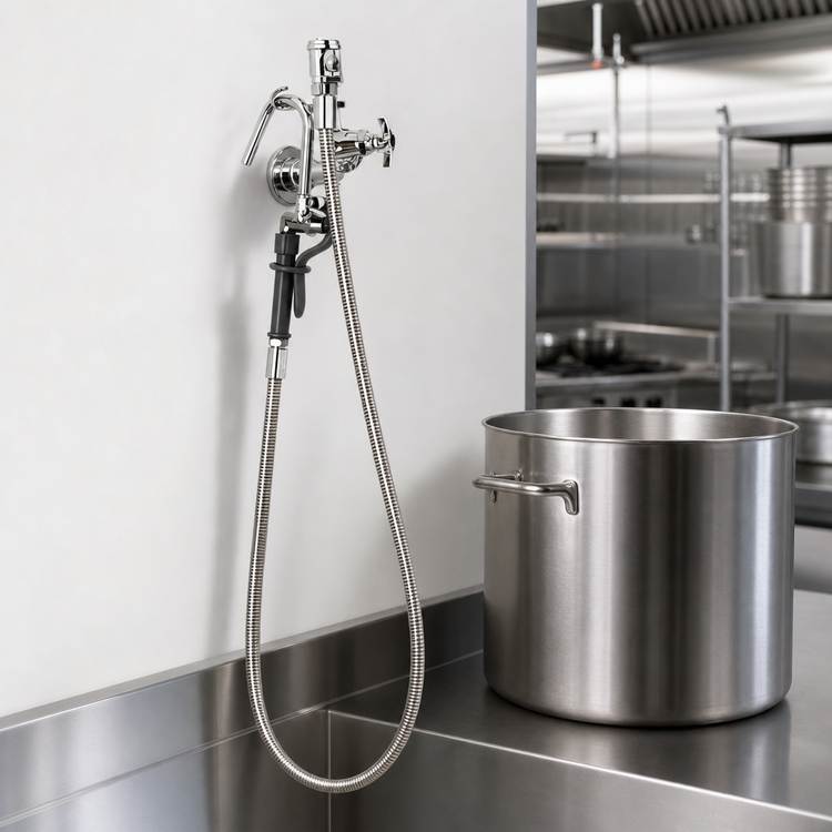Product image #3 for Wall-Mount Pot and Kettle Filler Faucet with Vacuum Breaker, Stainless Steel Hose and Self-Closing Hook Nozzle