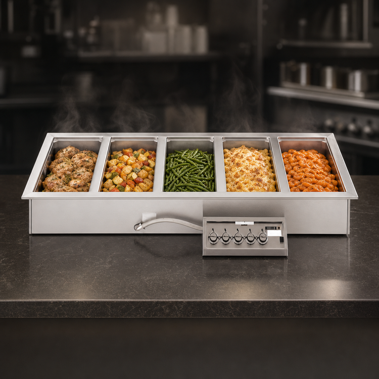 Product image #3 for Wells MOD500TDM 5-Well Top-Mount Drop-In Electric Food Warmer with Thermostatic Controls and Manifold Drains