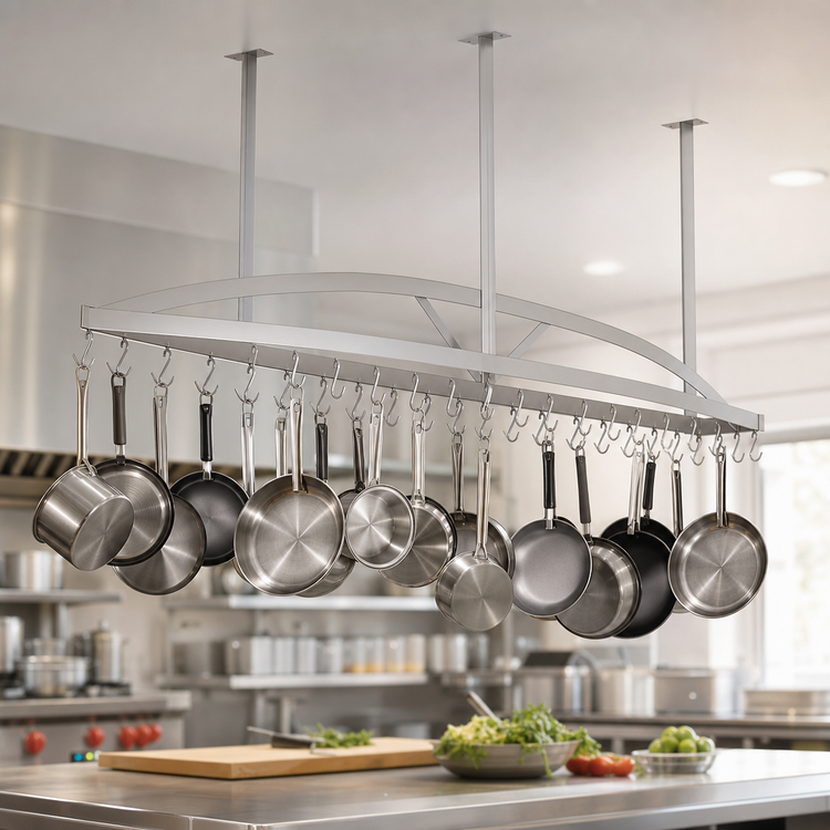 Product image #3 for John Boos 79-1/4-Inch Boat-Shaped Ceiling-Mounted Stainless Steel Pot Rack with 21 Double Hooks