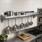 Thumbnail image #3 for John Boos Stallion BHS18108PR Wall-Mount Stainless Steel Pot Rack Shelf, 108"W x 18"D, Single Bar, 9 Hooks