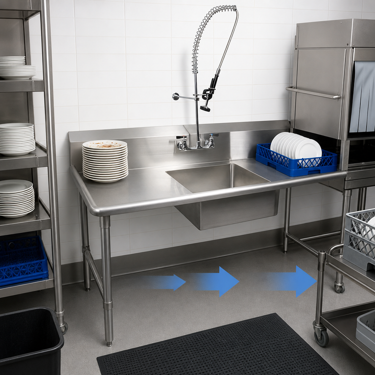 Product image #3 for BK Resources 26-Inch Straight Soiled Dish Table with Left-to-Right Pre-Rinse Sink and Stainless Steel Legs