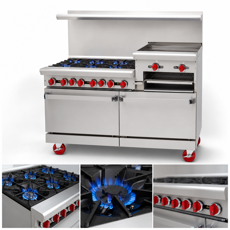 Product image #3 for American Range 72-Inch Commercial Gas Restaurant Range with 6 Open Burners, 36-Inch Right-Side Raised Griddle/Broiler, and 2 Storage Bases