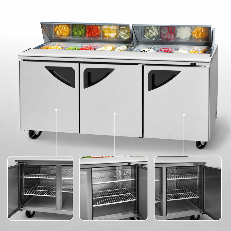 Product image #3 for Turbo Air Super Deluxe Three-Section Sandwich/Salad Prep Table Refrigerator with 18-Pan Opening