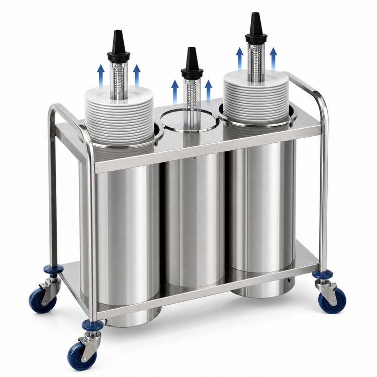 Product image #3 for Atlas Metal 3-Stack Mobile Open Plate Dispenser, Unheated, Stainless Steel, 10-1/8" Max Dish Diameter